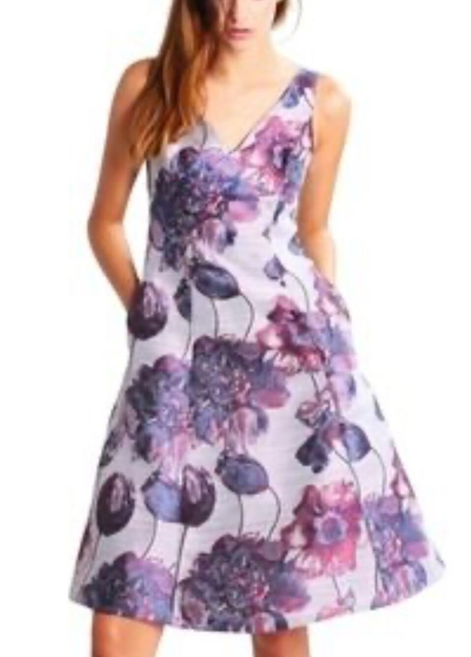 Adrianna Papell A-line Fit Flare V-neck Purple Floral Beaded Dress Sz 2 NWT